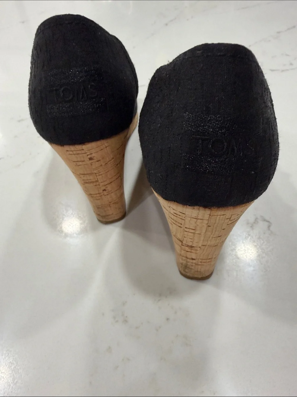 TOMS Black Open-Toe Cork-Look Wedge Heels